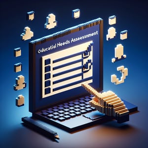 3D voxel art depicting online survey process for education needs assessment, with a dark blue background.