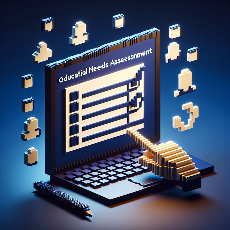 3D voxel art depicting online survey process for education needs assessment, with a dark blue background.