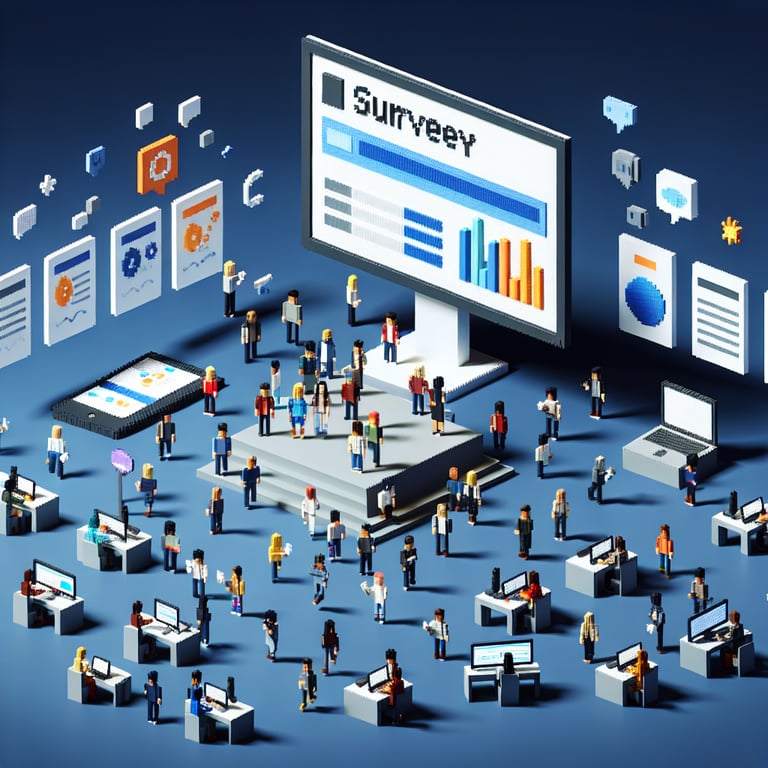 3D voxel art depicting the concept of online cultural diversity climate surveys on a dark blue background.