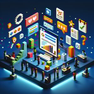3D voxel art illustrating the concept of online surveys on a dark blue background.