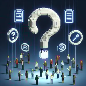 3D voxel art depicting online surveys and questions on a dark blue background for employee engagement.