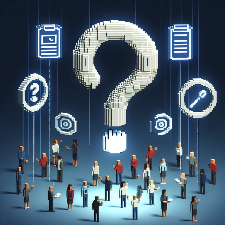 3D voxel art depicting online surveys and questions on a dark blue background for employee engagement.