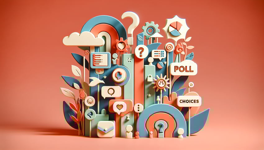 Paper-cut style illustration featuring various poll questions for remote teams and hybrid work environments.