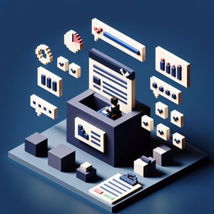 3D voxel art depicting online survey creation process, with dark blue background for Survey Gizmo site.
