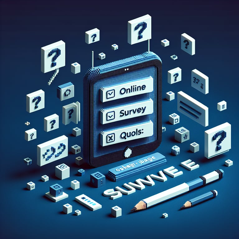 3D voxel art displaying elements related to online booking tool surveys on a dark blue background.