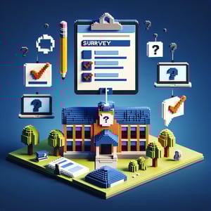 3D voxel art depicting online school parent surveys, with engaging elements on a dark blue background.