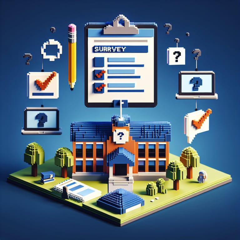 3D voxel art depicting online school parent surveys, with engaging elements on a dark blue background.