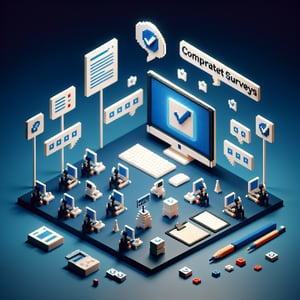 3D voxel art depicting online surveys, set against a dark blue background, ideal for company event survey pages.