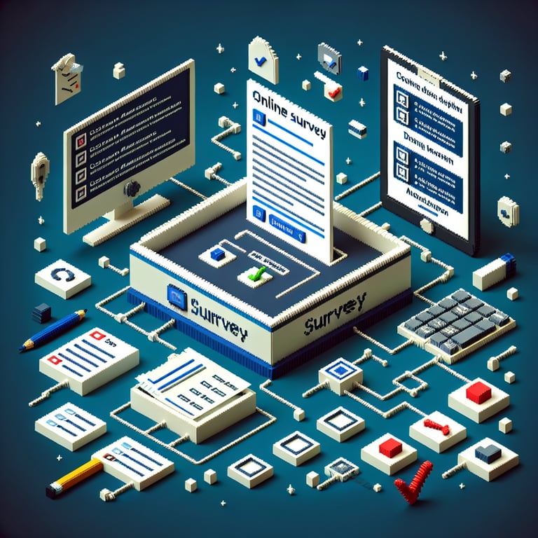3D voxel art depicting online surveys with a dark blue background, suitable for poc surveys.