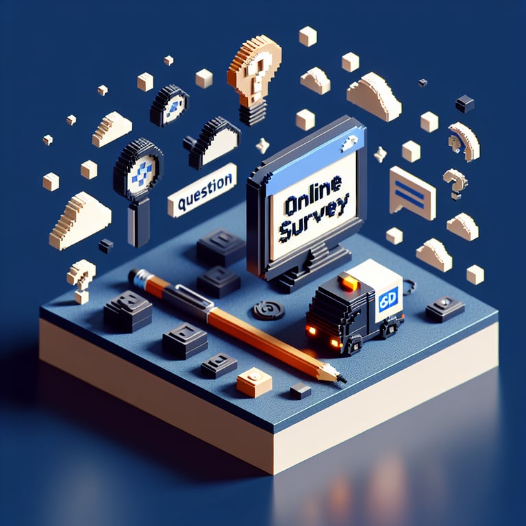 3D voxel art depicting online surveys, set against a dark blue background, symbolizing post team-building event queries.