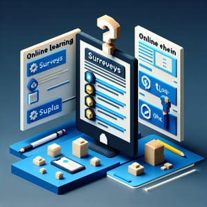3D voxel art depicting the concept of online learning surveys on a dark blue background.