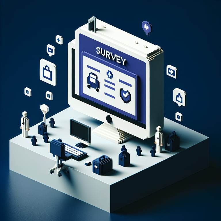 3D voxel art depicting online home health cahps survey process on a dark blue background.
