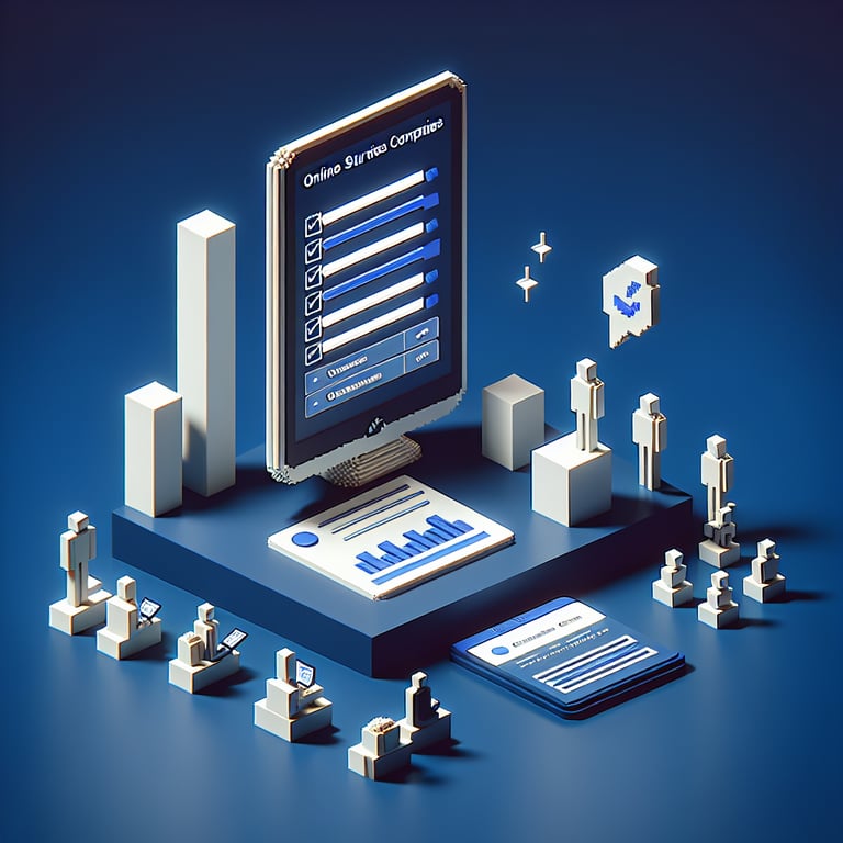 3D voxel art depicting the concept of online surveys, featuring a dark blue background.