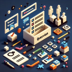 3D voxel art depicting online gender survey concept on a dark blue background.