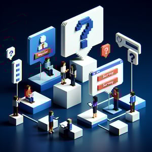 3D voxel art depicting online mentorship program surveys on a dark blue background.