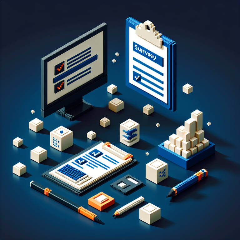 3D voxel art depicting online surveys, symbolizing project lessons learned survey questions.