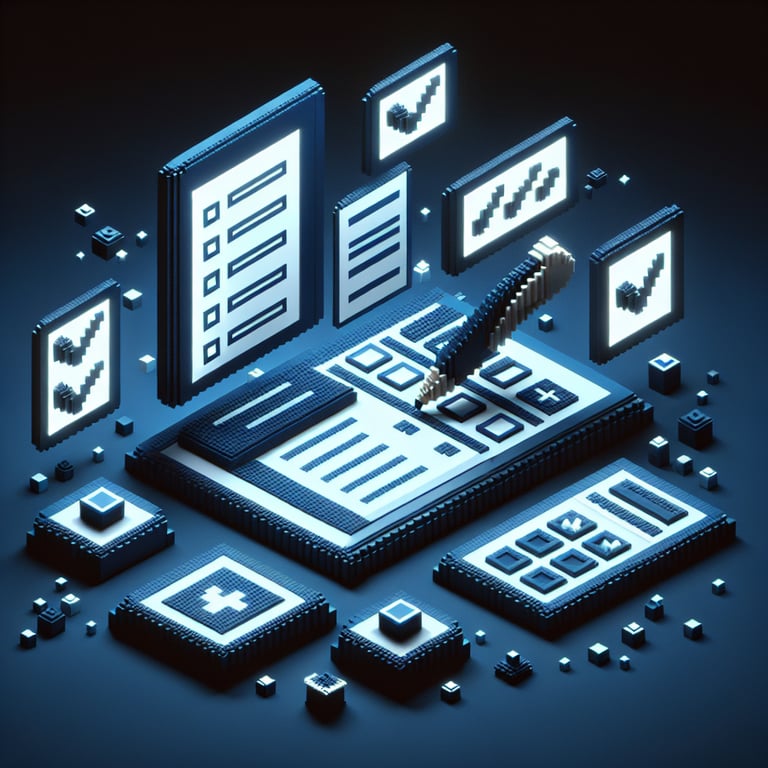3D voxel art representing online public safety surveys on a dark blue background.