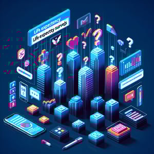 3D voxel art depicting the concept of life expectancy surveys on a dark blue background.
