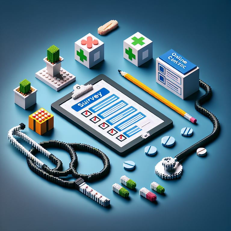 Creative 3D voxel art representing clinic survey response metrics