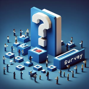 3D voxel art illustrating online health surveys, with a dark blue background.