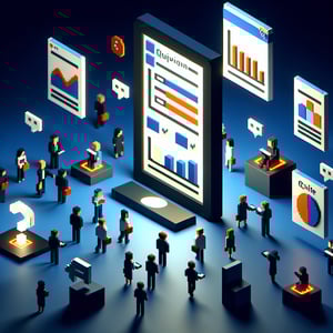 3D voxel art depicting the concept of online cognitive surveys on a dark blue background.