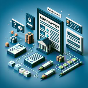 3D voxel art depicting online banking surveys on a dark blue background.
