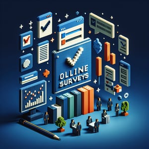3D voxel art illustrating the concept of online company feedback surveys on a dark blue background.