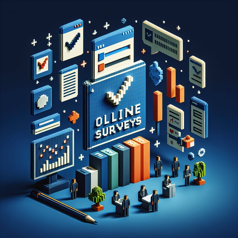3D voxel art illustrating the concept of online company feedback surveys on a dark blue background.