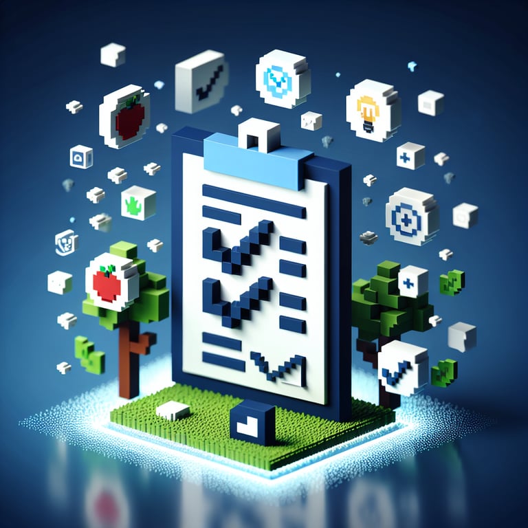 3D voxel art representing online brand attribute surveys on a dark blue background.