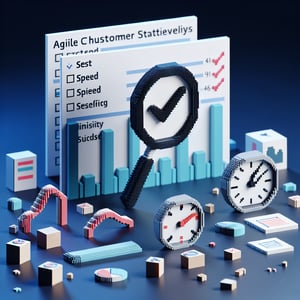 3D voxel art depicting the concept of online agile customer satisfaction surveys on a dark blue background.