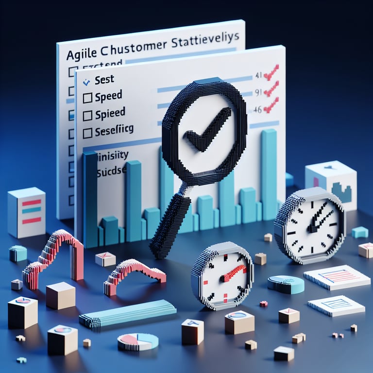 3D voxel art depicting the concept of online agile customer satisfaction surveys on a dark blue background.