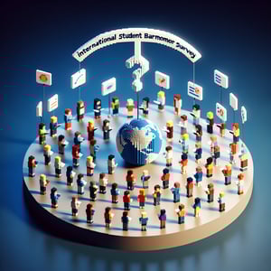 3D voxel art depicting online international student barometer survey concept on dark blue background.