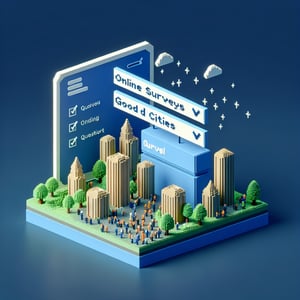 3D voxel art depicting online survey concept on a dark blue background for good cities survey.