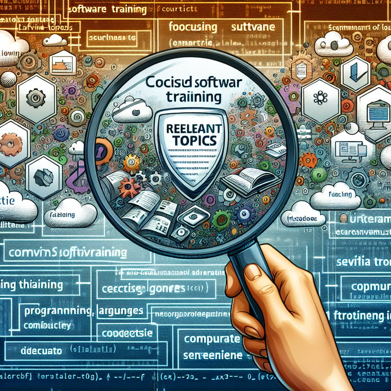 Illustration highlighting relevant topics for effective Software Training survey questions.