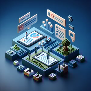 3D voxel art depicting online survey process on a dark blue background for logging survey questions.