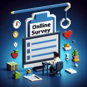 3D voxel art illustrating the concept of online health surveys on a dark blue background.