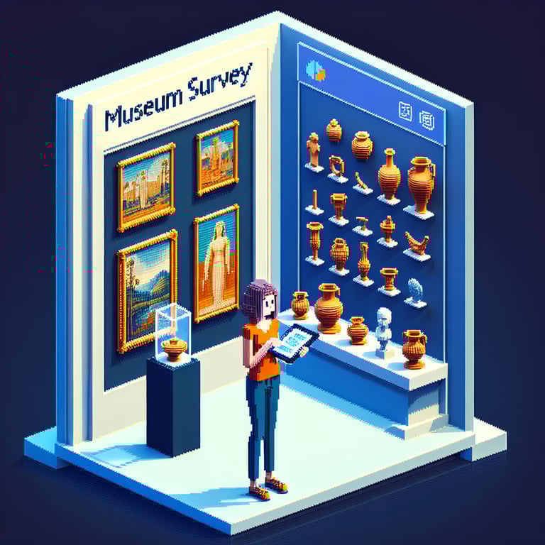 3D voxel art depicting online museum surveys against a dark blue background.