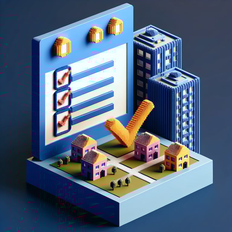3D voxel art depicting online condo surveys against a dark blue background.