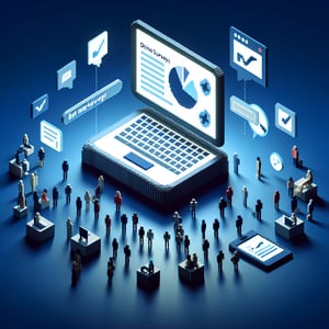 3D voxel art depicting online surveys and questions on a dark blue background for marketing.