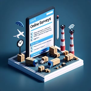 3D voxel art showcasing online surveys concept on a dark blue background, relevant to IoT in logistics.