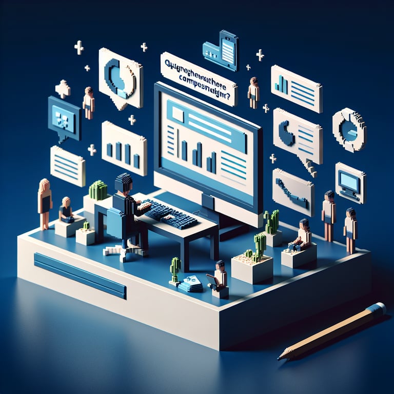 3D voxel art depicting online questionnaire compensation surveys on a dark blue background.