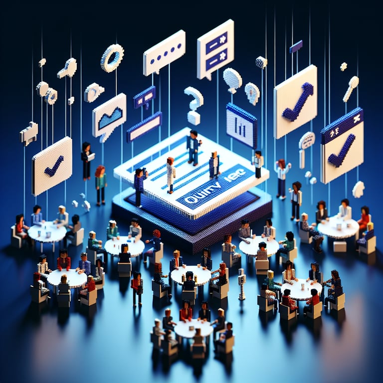 3D voxel art depicting online surveys and questions, set against a dark blue background.