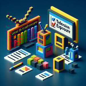 3D voxel art depicting online surveys on a dark blue background, representing TV exposure surveys.