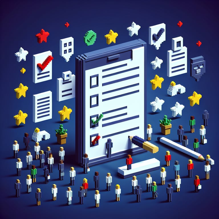 Artistic 3D voxel illustrating high-quality employee satisfaction polling structure.