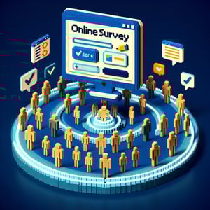 3D voxel art depicting online surveys on human sexuality with a dark blue background.