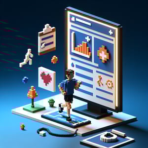 3D voxel art depicting online physical activity surveys against a dark blue background.