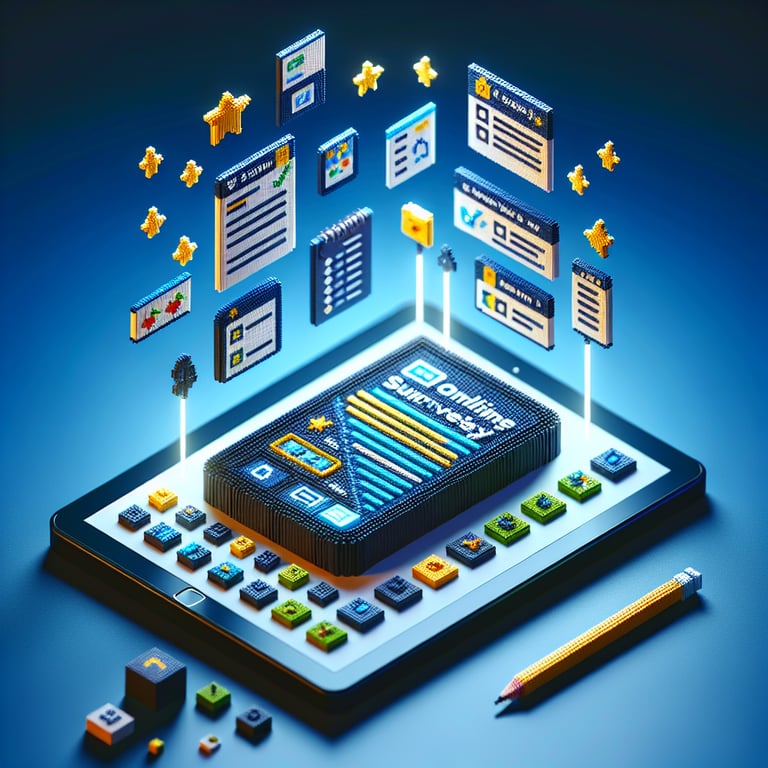 3D voxel art depicting online surveys, symbolizing conflict resolution survey questions.
