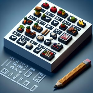 3D voxel art depicting online food survey concept on a dark blue background.