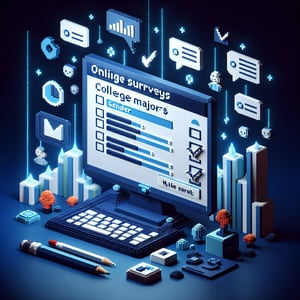 3D voxel art depicting online surveys about college majors and gender, set against a dark blue background.