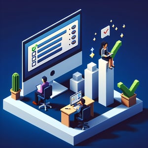 3D voxel art depicting online job satisfaction survey concept on a dark blue background.